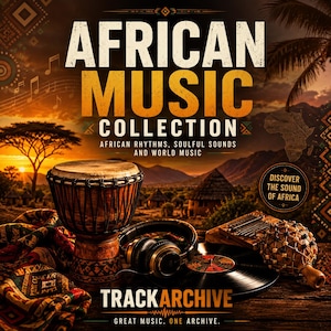 May include: A djembe drum, headphones, a vinyl record, a kalimba, and a beaded shaker are arranged on a surface. The text reads: AFRICAN MUSIC COLLECTION, AFRICAN RHYTHMS, SOULFUL SOUNDS AND WORLD MUSIC, DISCOVER THE SOUND OF AFRICA, TRACKARCHIVE.