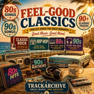 Op de afbeelding: Een promotionele afbeelding getiteld FEEL-GOOD CLASSICS met een vintage boombox, een turquoise cabriolet, een stapel 80s HITS-platen, een zonnebril, een koptelefoon, een Good Vibes-mok en een cassettebandje op een houten ondergrond bij de zee.