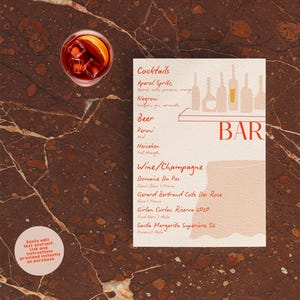 Menu ALBERTO BAR i DRINKS | Natychmiastowe pobranie menu baru z motywem kokardy | Unikalny edytowalny szablon drinków | Menu baru do wydrukowania | Menu ilustrowane