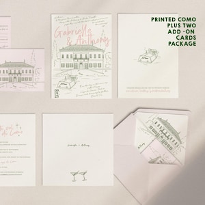 Complete PRINTED Wedding Suite COMO + TWO additional cards Invite Package. Custom designed hand illustrated, printed wedding stationery.