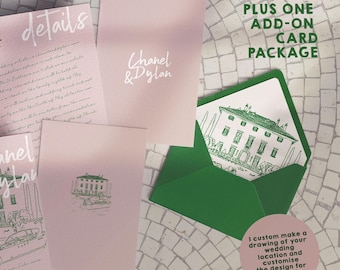 May include: A collection of custom wedding invitation cards in shades of pink and green. The invitations feature the names "Chanel & Dylan", architectural illustrations, and the date "29.05.25". Includes a green envelope with a matching illustration.