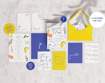 Wedding invitation set | ALAMAE full suite  | European inspired | customised  bundle | Illustrated watercolour wedding invite | colourful
