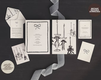 BOWIE Full set Wedding Invitation Suite | Hand-Sketched Bow Theme (Instant Editable Digital Download)