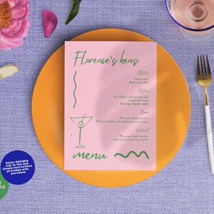 FLORRY W pełni edytowalne menu | Natychmiastowe pobranie | Menu na imprezy | Kolorowe menu | Menu na lunch dla dziewcząt | Nowoczesne ilustrowane menu na wieczór panieński lub urodziny