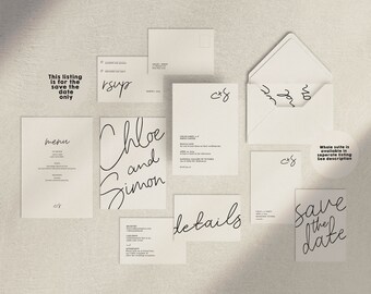 May include: A set of wedding stationery with a minimalist design. The cards are white with black calligraphy text. The text includes "Chloe and Simon", "Save the Date", "Details", "Menu", and "RSVP".