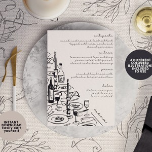MENU SOIREE | Edytowalne menu do pobrania natychmiast | Szablon menu rysowany ręcznie | Menu do wydruku | Ręcznie ilustrowane menu na kolację