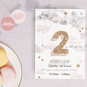 TWINKLE TWO Editable 2nd birthday invitation | Instant download | twinkle star invite | 2nd birthday invite | pink birthday invite