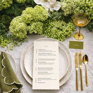 May include: Elegant table setting with a menu, plates, and gold cutlery. The table is decorated with green hydrangeas, grapes, and white flowers. A champagne glass and a green napkin add to the sophisticated ambiance.
