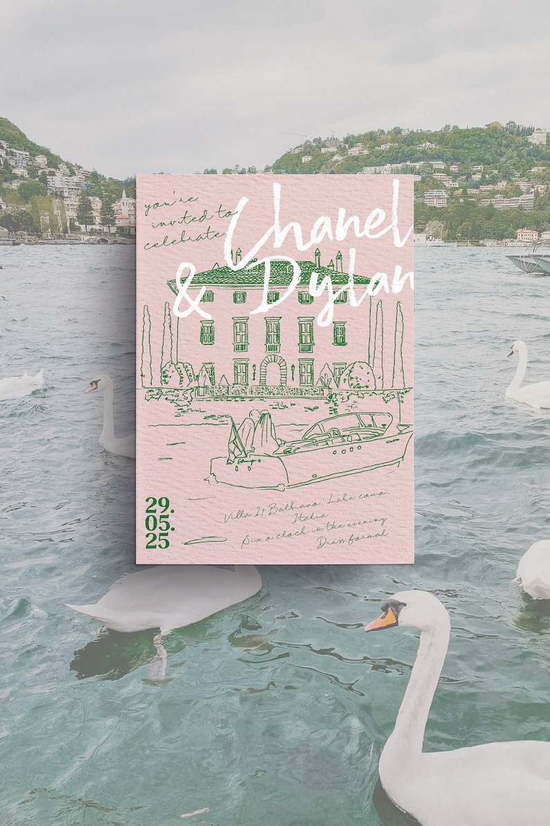May include: A pink wedding invitation with green text and illustrations. The invitation reads "you're invited to celebrate Chanel & Dylan" and includes the date "29.05.25" and the location "Villa 11 Baliana, Lake Como, Italia".