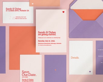 May include: Save the date card with a white background and red text. The card says "Save Our Date" and "Sarah & Dylan are getting married" with the date "25.07.2022".