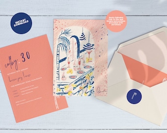 Instant download birthday invitation | European themed invite | Colourful party invitation | unique illustrated special event invitation