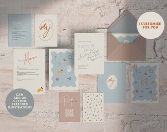 May include: A set of wedding stationery with a blue and orange color scheme. The stationery includes a menu, details card, RSVP card, and a save the date card. The cards feature custom illustrations of lemons, flowers, and other details. The text on the cards reads "maeve & james" and "I customize for you".