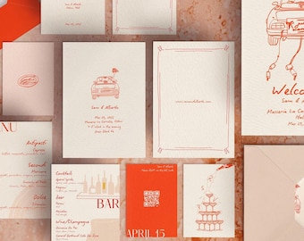 May include: A set of wedding invitations with a red and white color scheme. The invitations feature a cartoon illustration of a car with a "Just Married" sign on the back. The text on the invitations reads "Sam & Alberto" and "Masseria La Carruca, Italia".