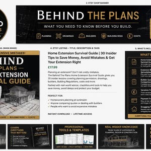 Op de afbeelding: Een digitale marketingafbeelding voor een gids voor woninguitbreiding met de merknaam Behind The Plans. De lay-out bevat een winkel-logo, banner, thumbnail en een lijst met inbegrepen tools zoals een budgetspreadsheet en diverse trackers.