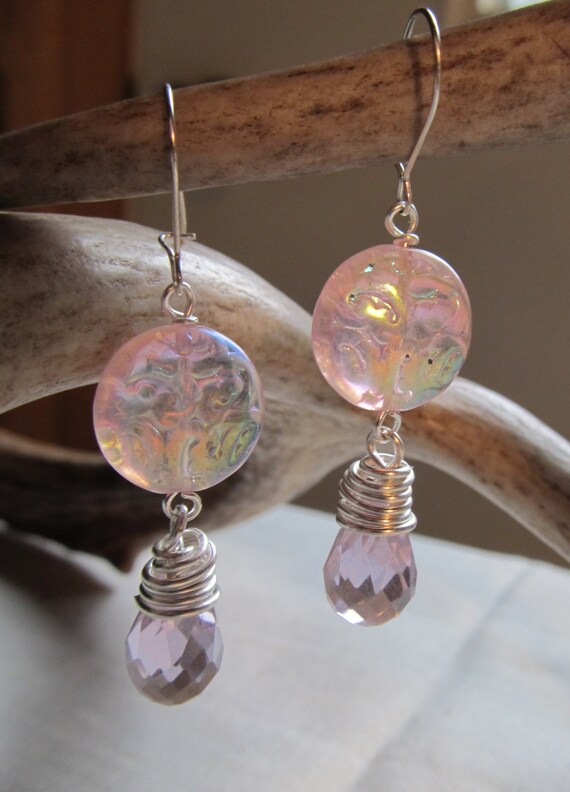 Items similar to Pink Teardrop Cut Glass Earrings, Sterling Silver