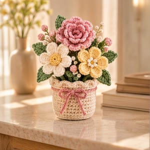 May include: A crochet flower arrangement featuring a large pink rose, a white daisy, and a yellow flower with green leaves and small buds. The flowers are contained in a cream-colored crocheted pot with a scalloped rim and a pink yarn bow.