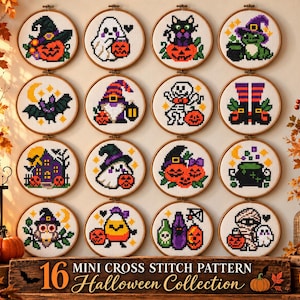 Könnte beinhalten: Eine Sammlung von 16 runden Holzstickrahmen mit Halloween-Kreuzstichmustern, darunter Geister, Kürbisse, Skelette, Fledermäuse und Hexen. Die Anzeige enthält den Text 16 MINI CROSS STITCH PATTERN Halloween Collection.