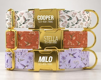 Vintage Hummingbird Style Dog Collar with Leash: Personalized metal buckle, made in the USA, TPPO-43