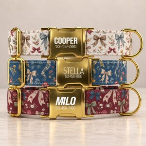 Vintage Floral Bow Dog Collar with Leash: Personalized metal buckle, made in the USA, TPPO-57