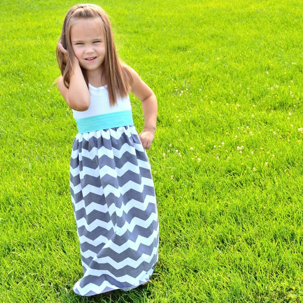 NEW Gray Chevron Tank Top Maxi Dress with Spearmint Sash - Girls' Chevron Dress - Baby Grey and Mint Chevron Maxi