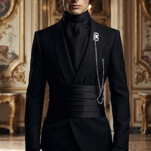 Skräddarsydd svart smokingkostym | Viktoriansk regencykostym för brudgummar | Smoking med hög krage och skärp | Designerklädsel till middagsgala | Gåvor