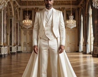 May include: A cream-colored three-piece suit featuring a tailored jacket, a double-breasted vest with gold buttons, and slim-fit trousers. The jacket includes an attached floor-length train that extends behind the garment. White shoes complete the set.