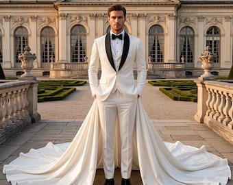 May include: A white tuxedo suit featuring a black shawl lapel, a matching white vest, and a white dress shirt with a black bow tie. The suit includes a long, flowing white train attached at the waist that extends across the ground.