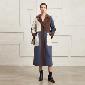 Blue Brown Color Wool Coat for Women | Geometric Patchwork Long Trench Coat | Tailored Women Coat & Winter Fashion Coat | Warm Overcoat