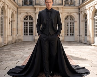 May include: A black three-piece suit featuring a tailored jacket, a matching vest, and slim-fit trousers. The jacket includes an attached long, flowing train that extends behind the garment, creating a dramatic silhouette on the floor.
