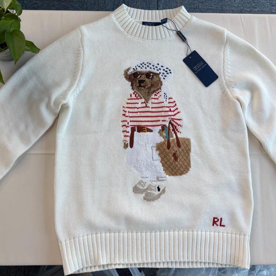 White Polo Bear Knit Sweater | Embroidered Crewneck Jumper | Ralph Lauren Heritage