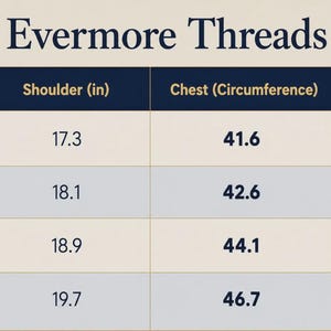 May include: A size chart for Evermore Threads with columns for Size, Shoulder (in), Chest (Circumference), and Sleeve (in). Rows list sizes S, M, L, and XL with corresponding measurements in inches for shoulder, chest, and sleeve lengths.