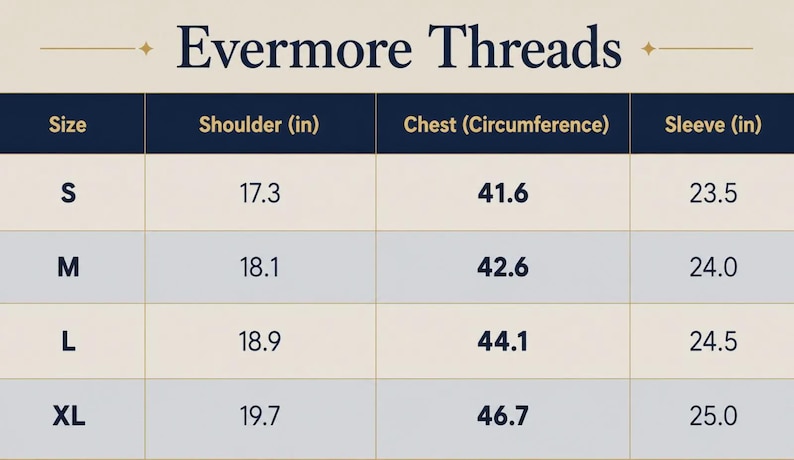 May include: A size chart for Evermore Threads with columns for Size, Shoulder (in), Chest (Circumference), and Sleeve (in). Rows list sizes S, M, L, and XL with corresponding measurements in inches for shoulder, chest, and sleeve lengths.