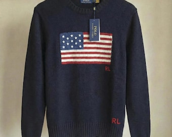 Navy Blue Ralph Lauren Sweater | American Flag Crewneck Jumper | Gift for Her & Him