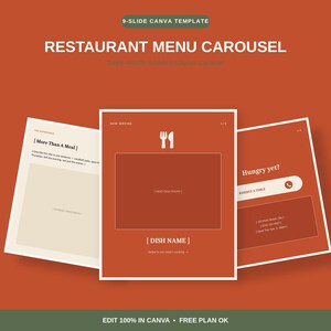 May include: A 9-slide Canva template for a restaurant menu carousel featuring a rust-orange color scheme. The design includes placeholders for dish photos, text, and contact information, with icons of a fork and knife and the text "RESTAURANT MENU CAROUSEL" and "EDIT 100% IN CANVA - FREE PLAN OK".