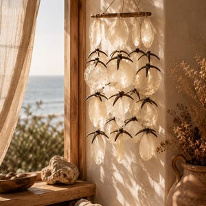 Capiz Shell Wind Chime, Coastal Wall Hanging, Boho Beach Decor, Handmade Seashell Mobile, Mediterranean Home Decor, Window Patio Decor Home