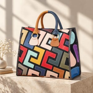 Puede incluir: Un bolso tote estructurado con base negra y un patrón geométrico de patchwork multicolor en tonos rojo, amarillo, azul, verde y rosa. El bolso tiene dos asas redondeadas, una color canela y otra azul, unidas con anillos de metal dorado.
