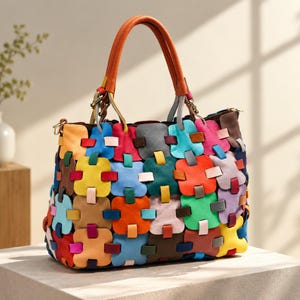 Puede incluir: Un bolso de mano construido a partir de un mosaico de piezas de cuero cuadradas en varios colores, incluyendo azul, naranja, amarillo, verde, rosa y marrón. El bolso cuenta con una sola asa de cuero naranja y un diseño tejido con herrajes metálicos.