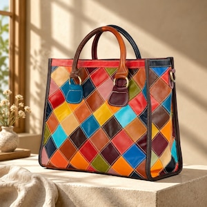 Op de afbeelding: Een gestructureerde tote bag met een levendig, veelkleurig patchworkontwerp in een ruitpatroon. De tas is gemaakt van diverse leerachtige panelen in tinten rood, blauw, geel, oranje, groen en bruin, voorzien van twee stevige handvatten.