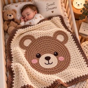 Pode incluir: Uma manta de bebé em croché nas cores creme e castanho, com um design central de cara de urso que apresenta orelhas castanho-escuras, focinho creme claro, olhos pretos, nariz castanho-escuro e bochechas cor-de-rosa, com uma borda castanha.
