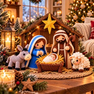 Può includere: Un set per presepe all'uncinetto con una stalla in legno e una stella gialla, composto da figure con vesti blu e marroni con un bastone, un bambino in una mangiatoia, un asino grigio e una pecora bianca, tutto realizzato a mano.