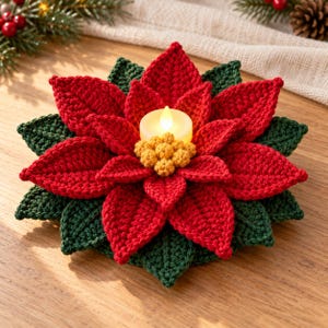 May include: A crocheted poinsettia flower decoration featuring layered red petals and dark green leaves. The center of the flower has a cluster of small yellow crocheted spheres and holds a round, battery-operated tea light candle with a warm glow.