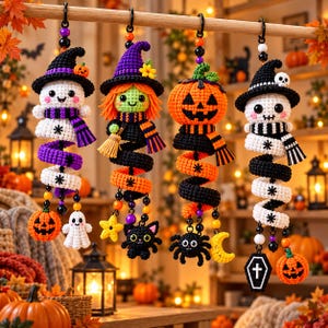 May include: Four crocheted Halloween hanging ornaments featuring a ghost in a witch hat, a green-skinned witch, a jack-o'-lantern, and a skeleton in a witch hat. Each figure has a spiral body and dangling charms including pumpkins, ghosts, cats, spiders, and a coffin.