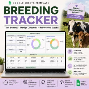 May include: A Google Sheets template for a breeding tracker displayed on a laptop screen. The interface shows breeding overview charts, logs, and data tables. The graphic includes text about livestock management, herd success, and features.