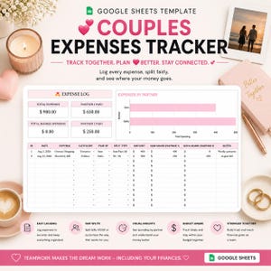 Op de afbeelding: Een Google Sheets-sjabloon voor een uitgaven-tracker voor koppels met een roze en witte interface. De lay-out bevat een tabel voor onkostenregistratie, een staafdiagram voor uitgaven per partner en de titel Couples Expenses Tracker.
