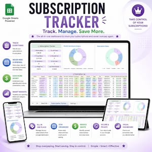 Pode incluir: Um painel digital de rastreamento de assinaturas exibido em um laptop, tablet e smartphone. A interface inclui gráficos, um registro de assinaturas e resumos financeiros. Texto: Subscription Tracker, Track Manage Save More, Google Sheets Powered.