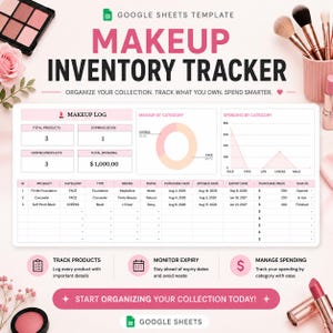Könnte beinhalten: Eine Google Sheets Vorlage für einen Make-up Inventar-Tracker mit einem Dashboard, das ein Make-up-Protokoll, Kategoriediagramme und eine Ausgabengrafik enthält. Die Tabelle umfasst Spalten für Produkt, Marke, Finish, Daten und Preis.