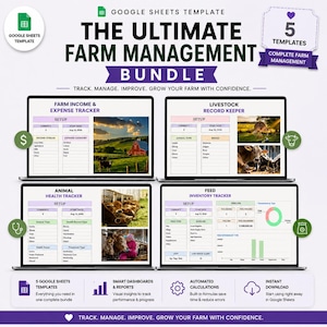 Puede incluir: Un paquete de plantillas de Google Sheets para la gestión agrícola con cuatro pantallas de ordenador que muestran rastreadores de ingresos, gastos, ganado, salud animal e inventario de piensos, junto a iconos y texto.