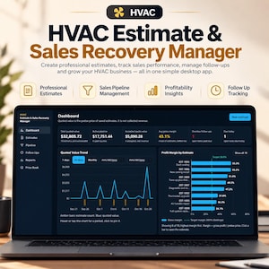May include: A laptop screen displaying the HVAC Estimate & Sales Recovery Manager dashboard. The interface features a dark theme with data visualizations, including a quoted value trend line graph and a horizontal bar chart for profit margins.
