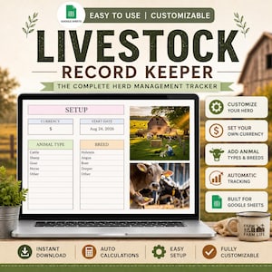 Könnte beinhalten: Ein Laptop mit einer digitalen Viehbestands-Tabelle für Google Sheets. Der Bildschirm zeigt eine Einrichtungsseite mit Tierarten und Rassen sowie Fotos von Rindern auf einer Weide. Der Text lautet LIVESTOCK RECORD KEEPER.