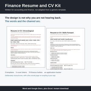 Op de afbeelding: Een finance cv- en resume-kit met twee documentsjablonen, een chronologische en een vaardigheidsgerichte versie. De lay-out bevat tekstkoppen, opsommingstekens en tijdelijke aanduidingen voor professionele informatie voor Word, Google Docs en Excel.